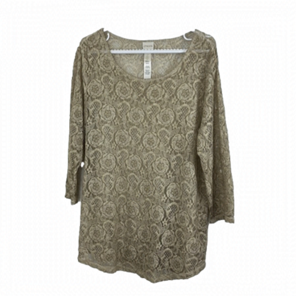 Chicos Beige Sheer Lace 3/4"-Sleeve Top